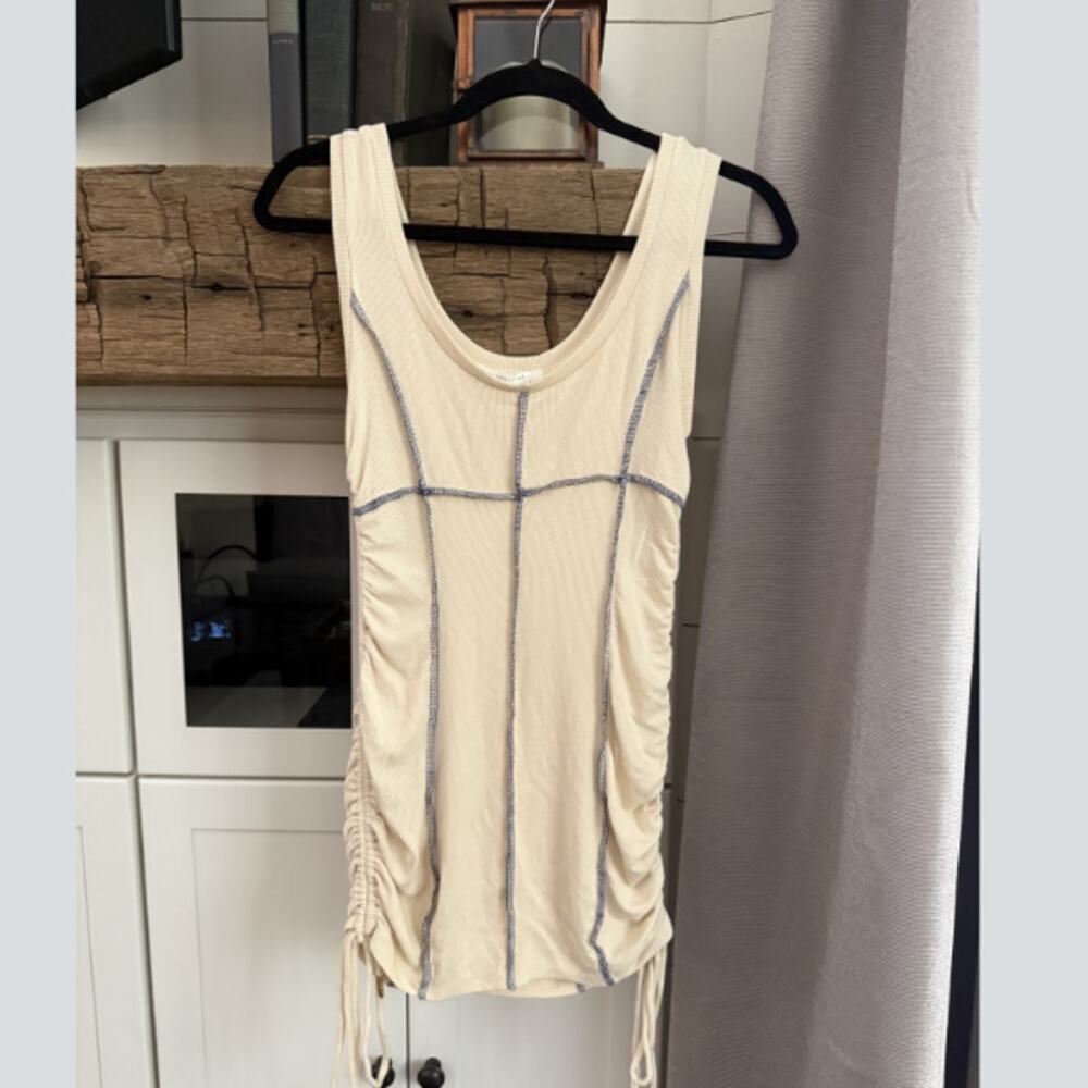 NWT American Threads Cream Ribbed Contrast Stitch Ruched Tie Mini Dress M